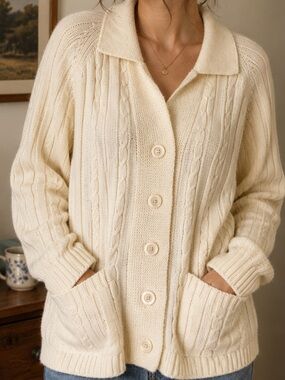 Vintage Sweater Bee Cream Cable Knit Cardigan Sweater Size L